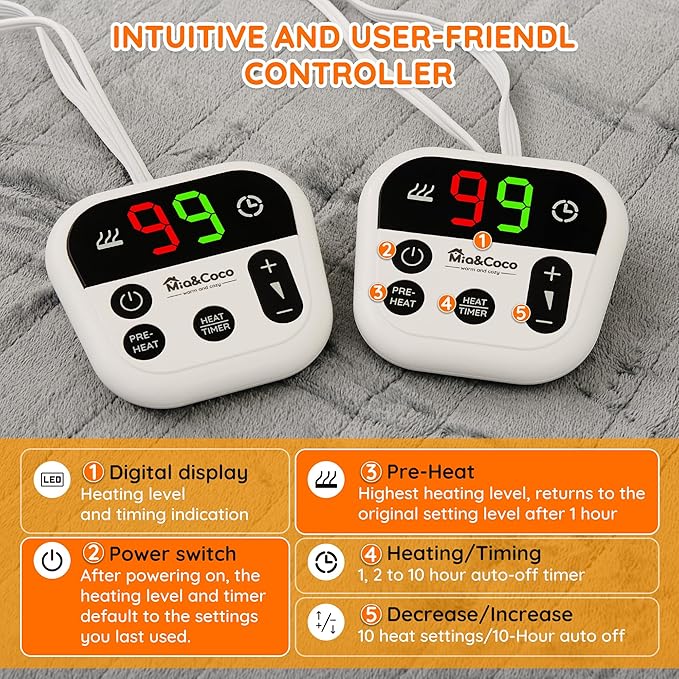 Mia&Coco Electric Blanket King -90"x100" Dual Control Flannel Heated Blanket, 10 Heat Levels, 10-Hour Auto-Off, Fast Heating, Overheat Protection, Soft Heating Blanket for Home and Office (Gray)