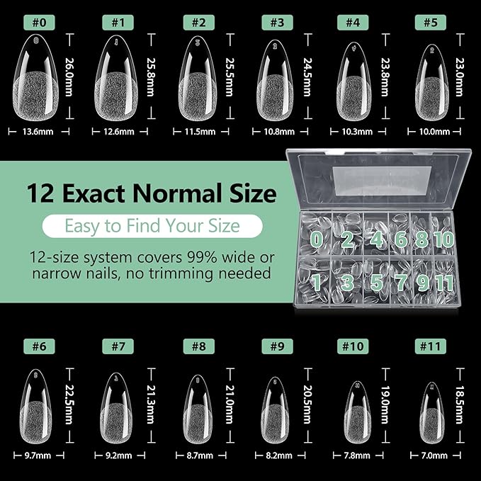 Medium Almond Nail Tips, 216pcs Acrylic Fake Nails Gel Nail Tips Soft, Full Cover Pre-Shaped Matte Clear Press on Nails for Extension, Diy at Home Manicure 12 Sizes