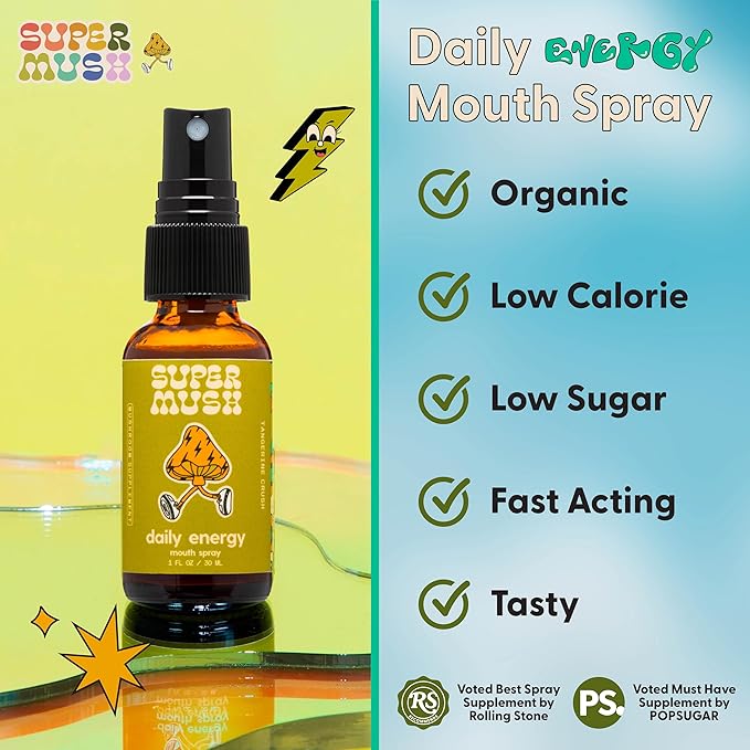 SuperMush Daily Energy Mouth Spray - Mushroom Supplement - Lions Mane & Cordyceps Mixed Mushrooms Extract Pure Liquid Sprays for Focus, Stamina & Clarity - 30ml Organic Lions Mane Fungi Spray