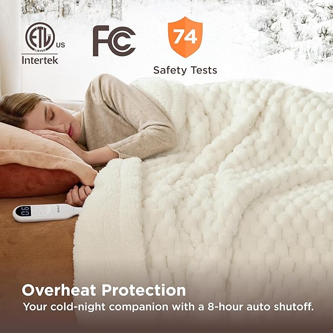 Bedsure Electric Blanket Twin Size - Super Soft Flannel Sherpa Heated Blanket with Bubble Pattern, Heating with 6 Heating Levels, 10 Time Settings, and 8-Hour Auto-Off (Coconut White, 62x84 inches)