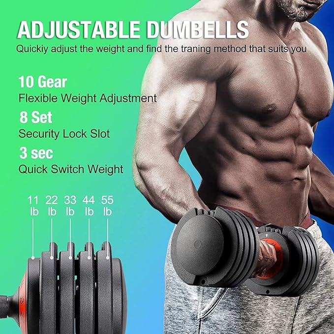 25/55 lbs Pair Adjustable Dumbbells Set, Adjustable Weights Dumbbells Set for Men and Women with Anti-Slip Fast Adjust Weight by Turning Handle,Black Dumbbell with Tray