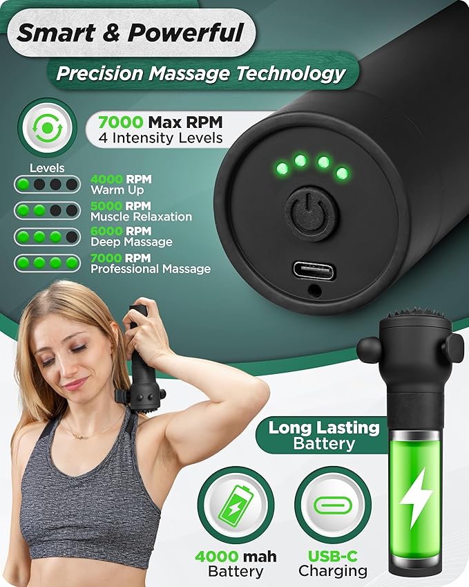 LX28 Deep Tissue Massage Gun, Portable Handheld Vibration Massager for Neck, Back & Legs, 7 Heads & 4 Speeds, Rechargeable, Lightweight Full Body Muscle Therapy