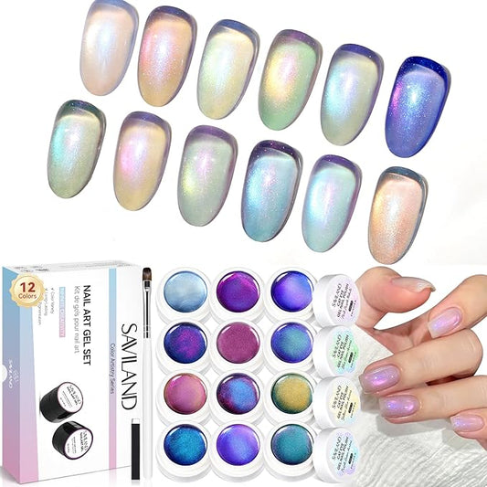 SAVILAND Cat Eye Gel Nail Polish Set: 2026 12 Colors 5ml Crystal Shiny Gloss Cateye Gel Polish Art Pen Aurora Borealis Pink Blue Magnetic Gel Polish Glitter Gel Nail Polish Gifts Home DIY