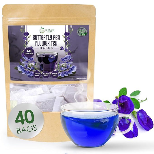 Nhat Anh Farm - Premium Butterfly Pea Tea Bags - Dried Butterfly Pea Flower Tea Bags - 40 Teabags, 2.5g/bag), 100% Natural & Pure/Sugar/Caffeine/Gluten Free. Good For Your Health