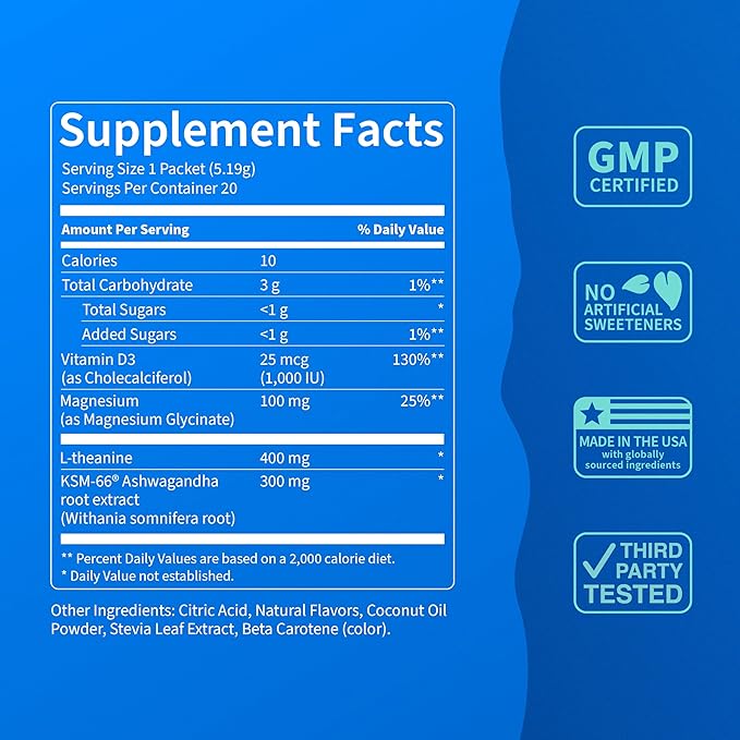 Nello Supercalm Drink Mix - Ashwagandha KSM 66, Magnesium Glycinate & L-Theanine Supplement - Ashwagandha Root Extract - Focus and Relaxation Support (20 Travel Packets) - Pina Colada
