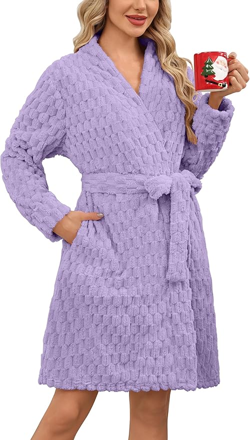 Ekouaer Women's Robes Short Plush Bathrobe Knee Length Warm Soft Jacquard Robe Winter House Coat with Pockets S-XXL