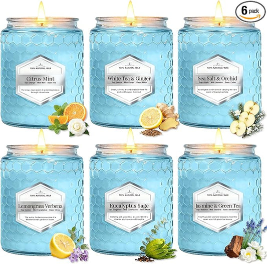 Lake Blue Candles for Home Scented, 6 Pack of 5.5 Oz Natural Soy Wax Candles in Decorative Glass, Home Aromatherapy Gifts Sets for Women Birthday Christmas Refresh & Relaxation