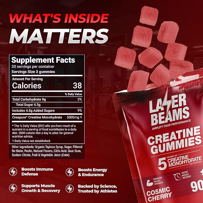 Creatine Monohydrate Gummies - 5g Creapure Creatine per Serving - Vegan - Boost Muscle Strength, Endurance, Recovery & Mental Focus - 90 Gummies, Gluten-Free (Strawberry)