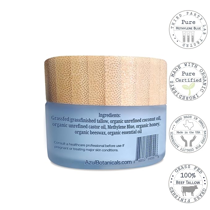 Methylene Blue Infused Whipped Grass Fed Beef Tallow Balm for Healthy Skin, Anti-Aging, Fullbody Moisturizer, Stretchmarks, Rosacea, Psoriasis, Eczema, Acne, All skin types, Organic Ingredients 1.7oz