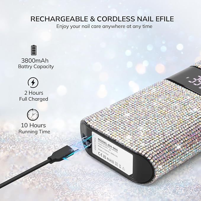 Professional Rechargeable Nail Drill Machine, Lavinda Diamond 35000RPM Electric Nail File Cordless Portable Nail Drill with Coreless Motor for Acrylic Nails, Manicure Pedicure Tool, Crystal Diamond