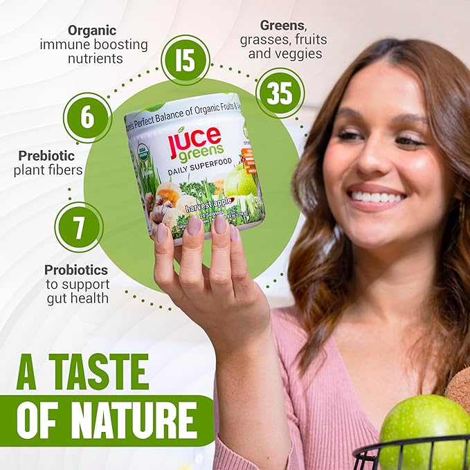 Terra Kai Organics JUCE Green Superfood Powder, Organic Fruits and Veggies Supplement W/ 77 Superfoods Plus Prebiotic Probiotic Blend, Harvest Apple Flavor - 20 Servings (250 g)