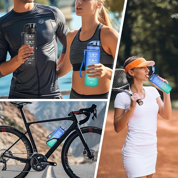 Enerbone Water Bottle, Leakproof BPA & Toxic Free, Motivational Water Bottle with Times to Drink and Straw, Fitness Sports Water Bottle with Strap for Office, Gym, Outdoor Sports