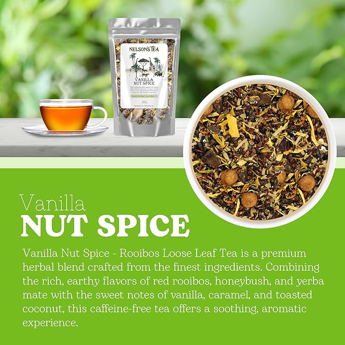 Nelson's Tea Vanilla Nut Spice - Cut & Sifted, Low Caffeine Rooibos Loose Leaf Tea with Honeybush, Yerba Mate, Chicory Root, Licorice Root, Cardamom Seeds, Coconut and Marigold Herbal Blend (2 oz)
