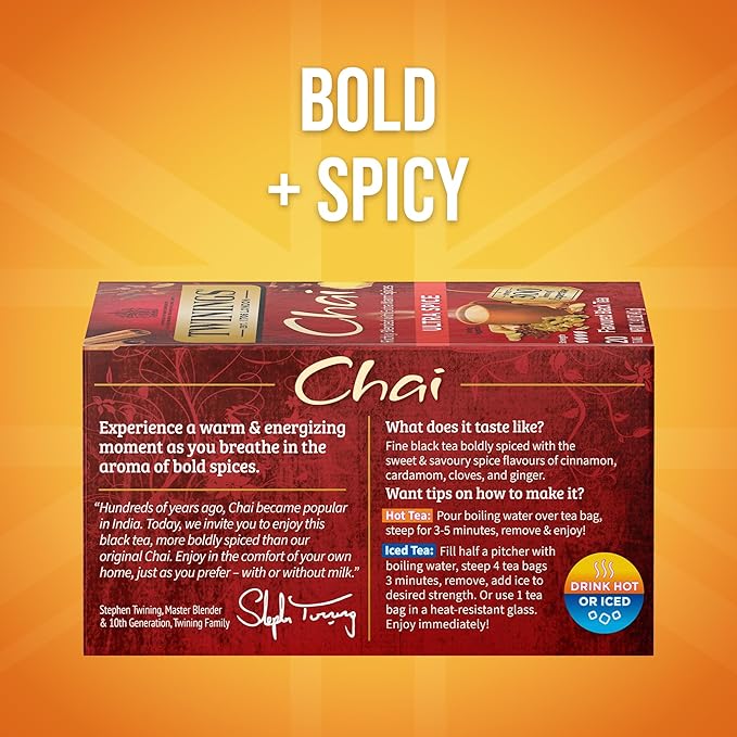 Twinings Ultra Spice Chai Individually Wrapped Bags, 20 Count (Pack of 6), Sweet, Savoury Spices, Caffeinated, Enjoy Hot or Iced, 120 Teabags
