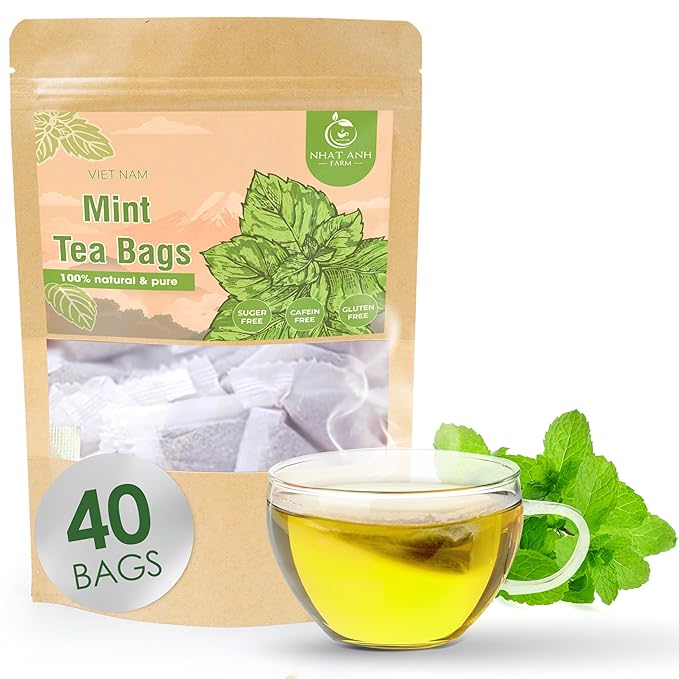 NHAT ANH FARM - Premium Peppermint Tea Bags, 40 Peppermint Tea Bags, 100% Natural Dried Mint Leaves, Naturally Sweet Herbal Tea, Sugar-Free, Caffeine-Free, No Additives.