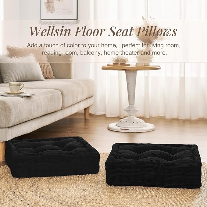 Square Floor Pillows for Adults Kids - Meditation Floor Pillow Seating Cushion - Tufted Floor Cushion with Shredded Foam & Velvet Cover, 2 Pack, 20x20 Inch, Black