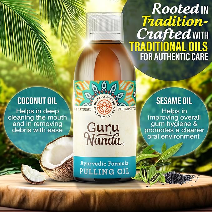 GuruNanda Original Oil Pulling Mouthwash, Promotes Deep Cleaning, With Coconut & Sesame for Teeth & Gum Health & Fresh Breath, ALcohol-free, 3X8.45 Fl Oz