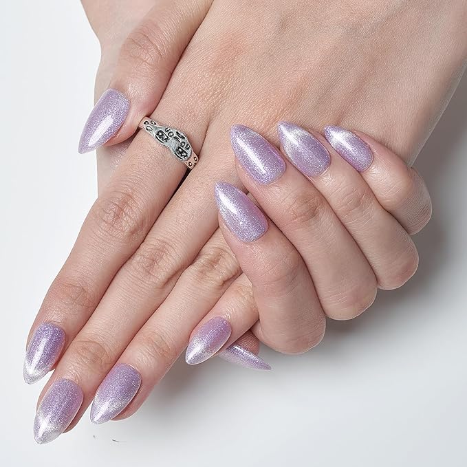 GLAMERMAID French Tip Magnet Cat Eyes Press on Nails Short Almond, Light Purple Handmade Jelly Gel Fake Nail, Ombre Glitter Magnetic Glue on Nail Stiletto, Medium Oval Stick False Nail Set for Women
