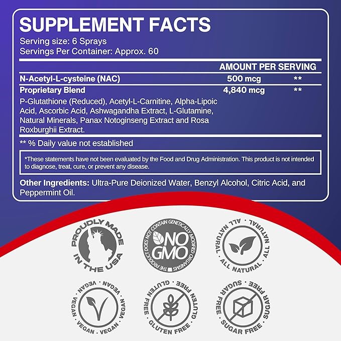 Liquid Liposomal Glutathione Spray - Maximum Absorption Glutathione Supplement with NAC, Ashwagandha, Glutamine, Ascorbic Acid - Sublingual Easy Use - Immune & Detox Support - 2oz