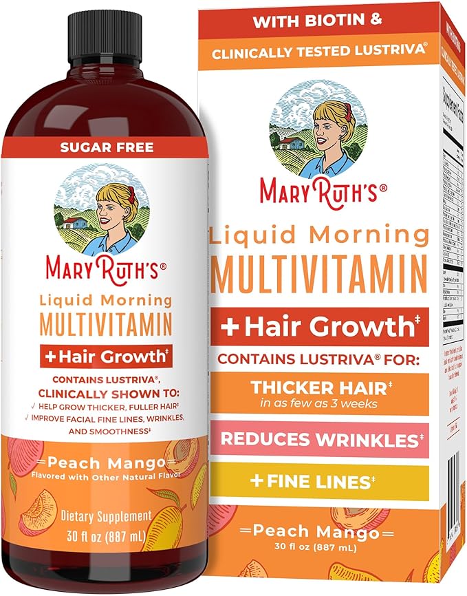 MaryRuth Organics Liquid Multivitamin+Hair Growth | Clinically Tested for Thicker Hair & Facial Wrinkles in Women | Biotin 10000mcg | Lustriva Hair Growth Supplement | Skin Care | Age 18+ | 30 Fl Oz