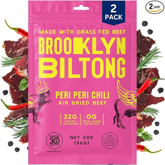 Brooklyn Biltong Air Dried Grass Fed Beef Snack, South African Beef Jerky (2 oz, Pack of 2) - Whole30 Approved, Paleo, Keto, Gluten Free, Sugar Free, Made in USA - (Peri Peri)