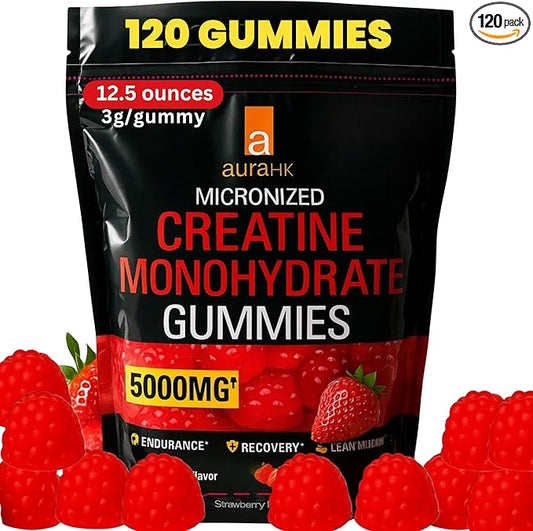 Creatine Monohydrate Gummies 5000mg- 120 Count Sugar Free for Men & Women - Strawberry Flavor Vegan Creatine Supplement for Muscle Strength, Energy, Endurance & Workout Gummies