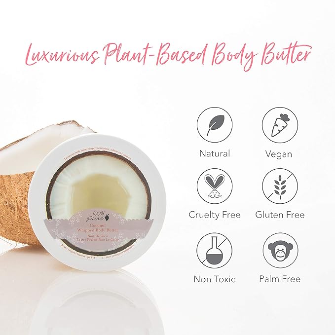 100% PURE Coconut Whipped Body Butter, Body Lotion for Dry Skin, Made with Shea Butter, Cocoa Butter, Moisturizing Body Cream, Natural Lotion - 3.4 oz