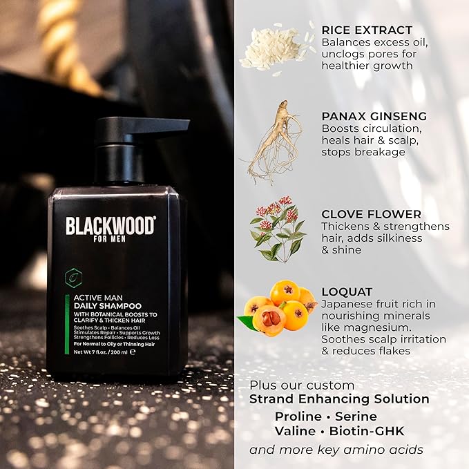 BLACKWOOD FOR MEN Active Man Daily Shampoo - Thickening & Clarifying Shampoo for Normal to Oily Hair or Scalp - Fights Hair Loss - Natural Vegan Formula - Sulfate Free with Ginseng & Aloe Vera (7oz)