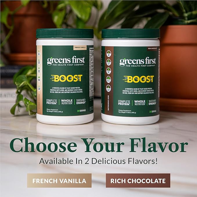 Greens First Boost - Plant-Based Protein & Balanced Nutrition - Superfood Shake Mix - No Wheat or Soy - Dairy-Free - Vegan - Dutch Chocolate, 12.28 oz.