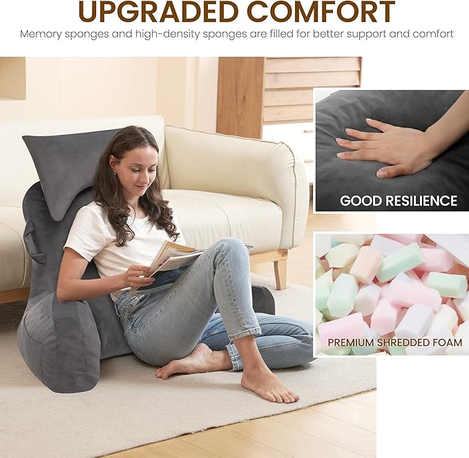 Portable Reading Pillows with Headrest for Bed Sitting Up(Light Grey Oeko-Tex), Velvet Back Pillow with Arms & Pockets for Adults, Support Memory Foam Bed Pillow for Dorm/Watching/Gaming