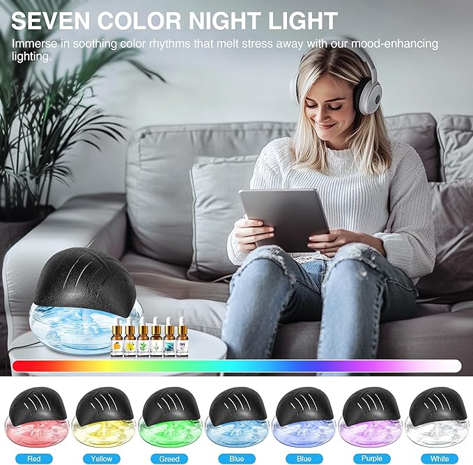 Water Air Purifier for Home with Essential Oil Diffuser & Humidifier, Rainbow Air Washer with LED Mood Light- Includes 6x10ml Essential Oils, Air Revitalizer for Smoke and Pets, Black