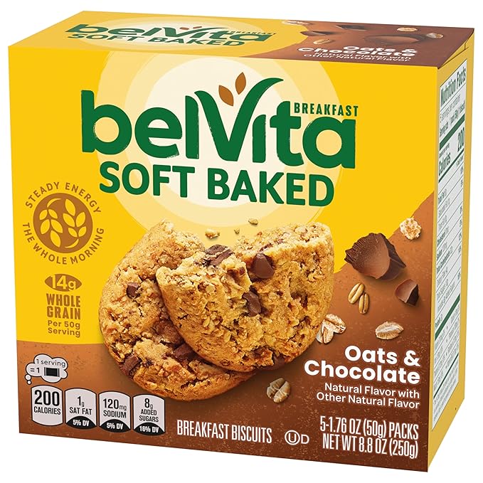 belVita Soft Baked Breakfast Bars, Oats & Chocolate, 6 Boxes of 5 Packs (1 Biscuit Per Pack)