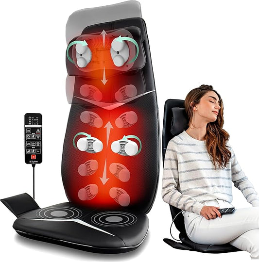 Zyllion Shiatsu Neck and Back Massager with Heat for Chair - 3D Electric Full Body Kneading Deep Tissue Massage Pad with Seat Cushion Vibration for Muscle Pain Relief, Black, ZMA-33
