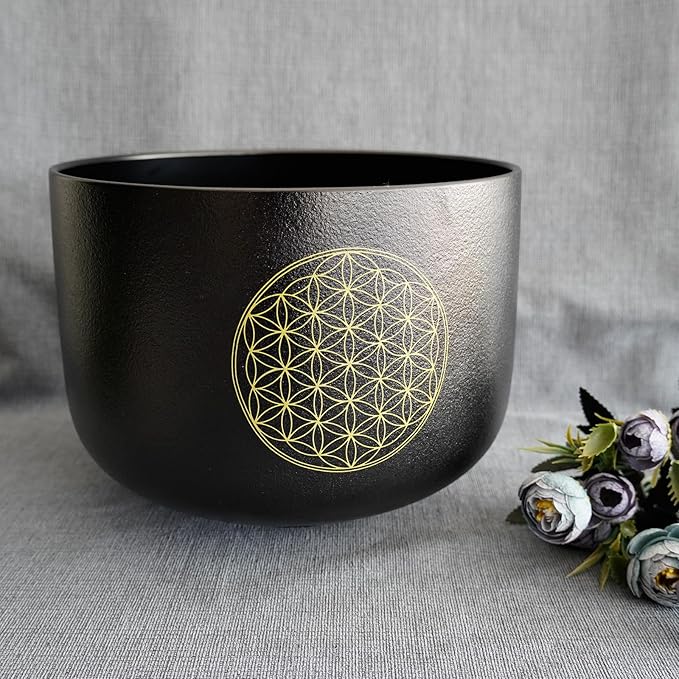 Hye-eun Crystal Singing Bowl 528HZ 8 Inch C Note, Black Sound Healing Crystal Bowl Meditation Sound Bath Life Flower Singing Bowl With Bag