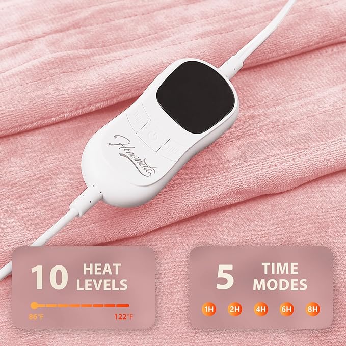 Homemate Heated Blanket Electric Throw - 50"x60" Heating Blanket Throw 1/2/4/6/8 Hours Auto-Off 10 Heat Level Over-Heat Protection Flannel Sherpa ETL Certification