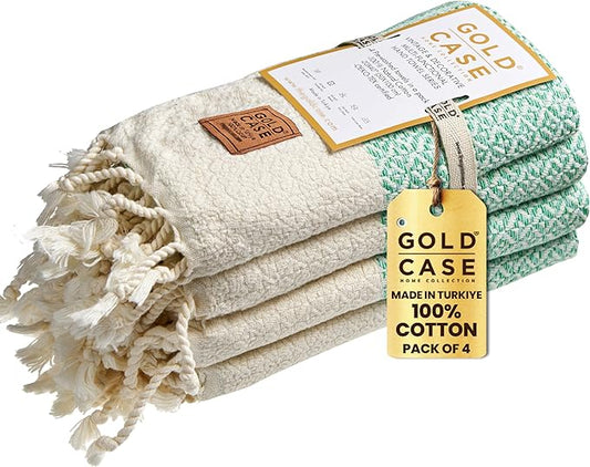 Gold CASE Turkish Hand Towels for Bathroom Set of 4 – 20 x 40'' – 100% Cotton Bathroom Towels – Aphrodite Kitchen Small Towel for Spa, Face, Tea & Dishcloth – Decorative Patterned Weave – Aqua