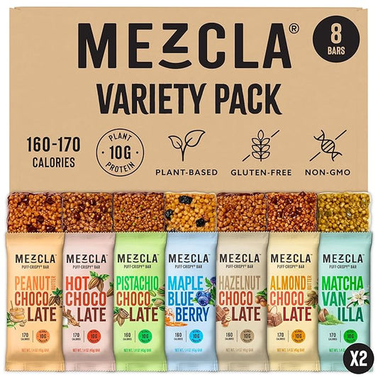Mezcla Puff Crispy Protein Bars, Gluten Free & Vegan Protein Bars, 10g Protein, Alt for Crispy Rice Treat, Granola Bars & Breakfast Bars, Healthy Snacks for Adults, Variety Pack, 8 Count