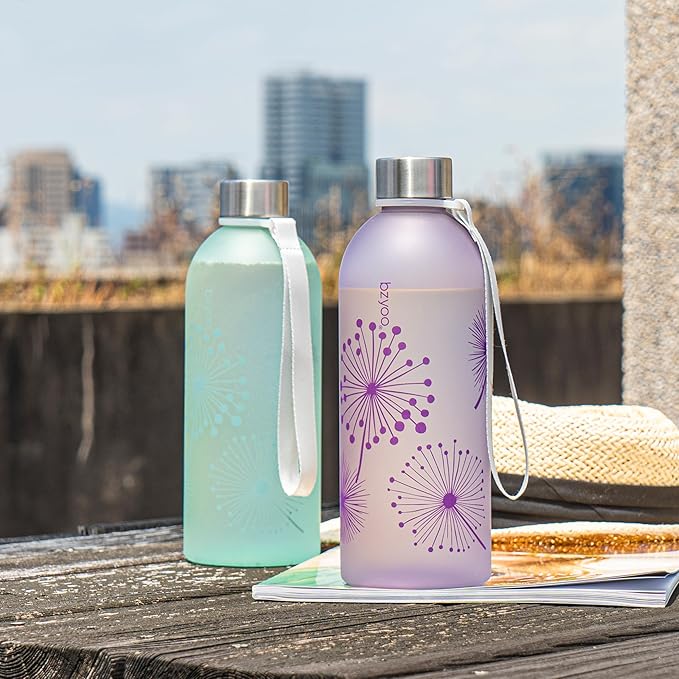 bzyoo 32oz 1 Liter Clear Water Bottle with Time Marker, Dandelion Design, Durable Plastic, BPA-Free, Reusable with Measurement Markings for Fitness and Outdoor Activities (Color: Purple)