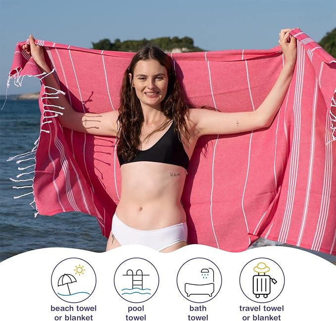 Turkish Beach Towels, Pack of 4 | Oversized, Quick Dry, Sand Free | 100% Cotton, Large 38x71 Towels for Beach, Pool, Travel | Ultra-Soft, Compact, and Absorbent | Red
