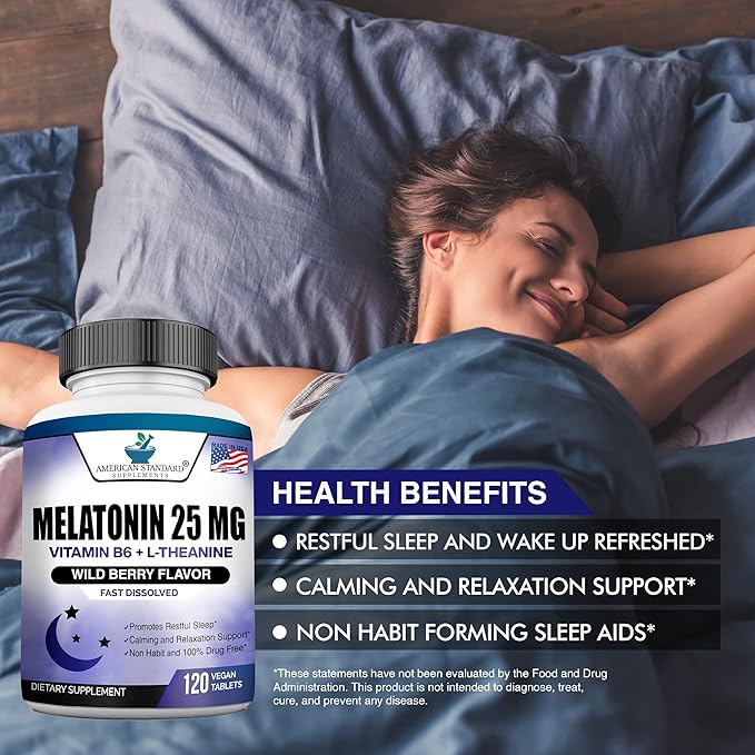 Melatonin 25mg Per One Tablet, 120 Chewable Tablet with L-Theanine & Vitamin B-6, Supports Healthy Sleep Cycle , Promotes Calming & Restful Sleep, Vegan, NON GMO, Made In USA (Pack of 2)