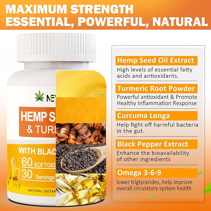 2 Pack Hēmp Oil Capsules with Turmeric - Organic Hēmp Seed Oil Pills with Turmeric Curcumin, Black Pepper - Vegan Omega 3 & 6 Supplement - Extra Strength & Absorption - 120 Softgels