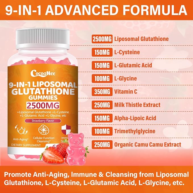 2 Packs 2500MG Liposome Glutathione Gummies, Composite L-Cysteine, Collocation Milk Thistle, Increas 98% Absorption Rate, Antioxidant Anti-Aginga