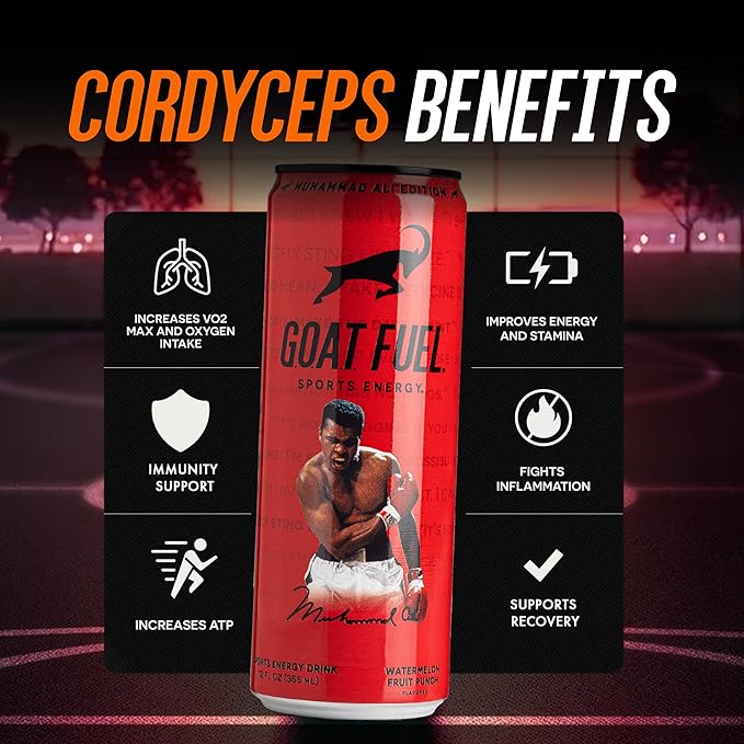 G.O.A.T. Fuel Energy Drink, Co-Founded by Jerry Rice, Natural Caffeine, Electrolytes, BCAAs, Cordyceps & Antioxidants, Light Carbonation Pre Workout, 12 Pack, 12 FL Oz, Watermelon Fruit Punch