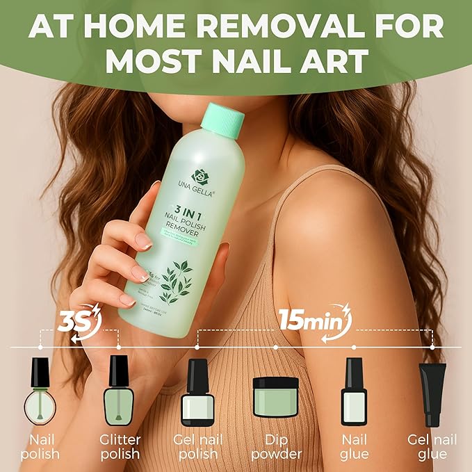 UNA GELLA Nail Polish Remover, Soak Off Acetone Polish Remover For Nails With Easy Use Cap, Healthy Formula Works For Nail Glue 8 Fl Oz, Green Tea Scent
