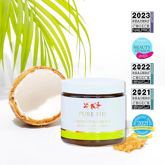 Pure Fiji Coconut Sugar Body Scrub - Body Exfoliator Scrub Natural Origin for Smooths and Softens Skin - Organic Exfoliating Sugar Scrub for Body, Coconut Lime Blossom, 15.5 Oz