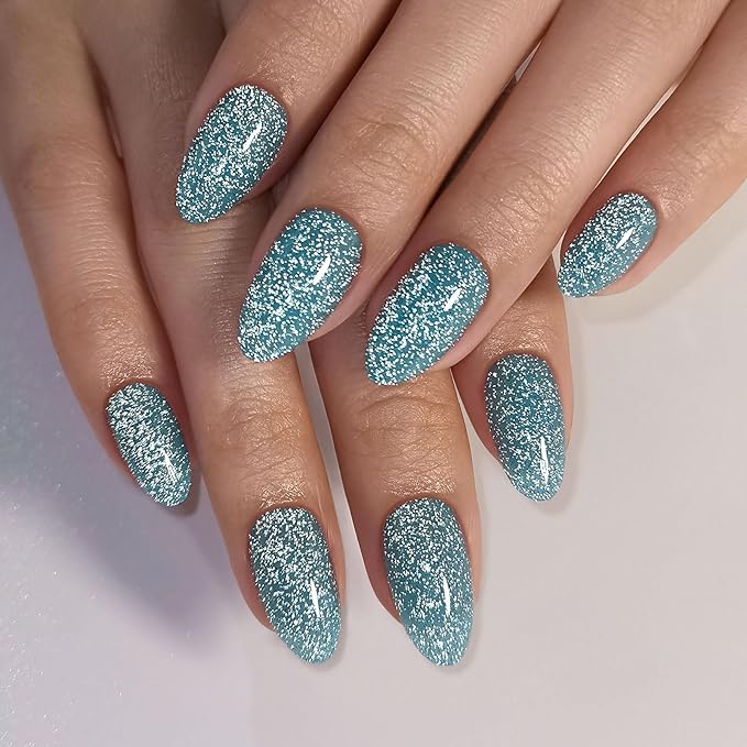 Glitter Peacock Blue Press on Nails Almond Short with Sparkling Diamond - Soft Gel Fake Nails for Women Gift, Glossy Stick On Nails with Glue in 16 Sizes - 32 Reusable Nails, Peacock Blue