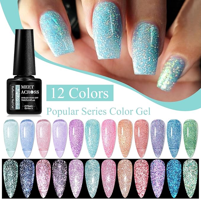 MEET ACROSS Reflective Glitter Gel Nail Polish, Shimmery Gel Polish Set 12 Pcs Sparkly Shiny Gel Soak Off UV LED Nail Art Varnish Manicure Kit DIY at Home