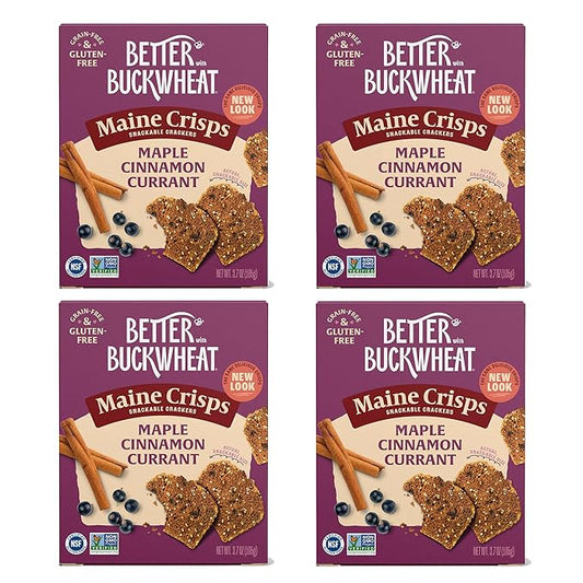 Maine Crisp Maple Cinnamon Currant Crisps, 4 Pack, Gluten-Free Crackers - Grain-Free, Non-GMO - Sweet Snacks, for Cheese Boards, Salad Toppings & Jams