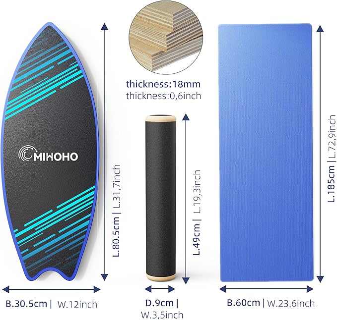 Balance Board Sports with Mat, Exercise Balancing Stability Trainer for Improve Balance, Core Balance Trainer for Fitness, Rehab, Surf