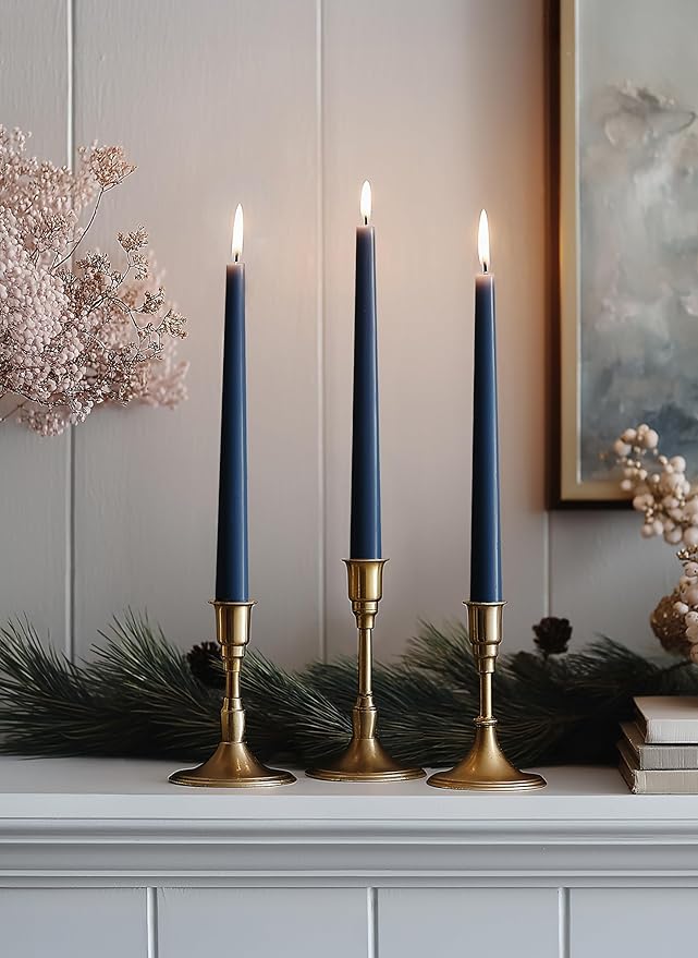 6 PK 10" Classic Taper Candles, Navy Blue, 7-8 Hours Long Burning, Unscented Tall Candlesticks